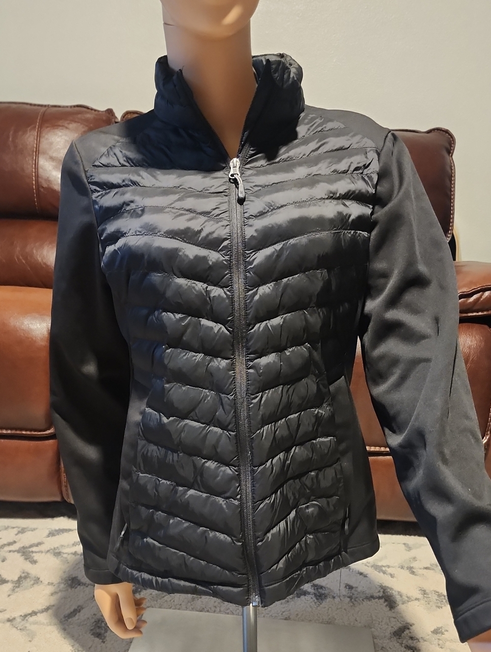 32 Degrees Black Quilted Hybrid Puffer Jacket with Stretch Sleeves